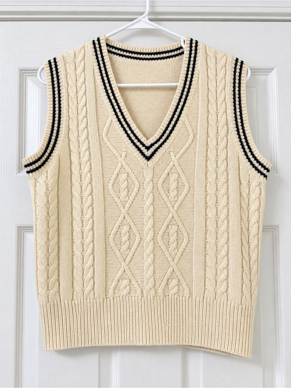 SHEIN Cream Cable Knit V-Neck Sweater Vest with Black Stripe Trim
